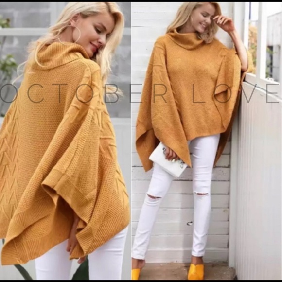 Sweater Poncho Turtleneck, fits S-3X, Mustard - Picture 2 of 2